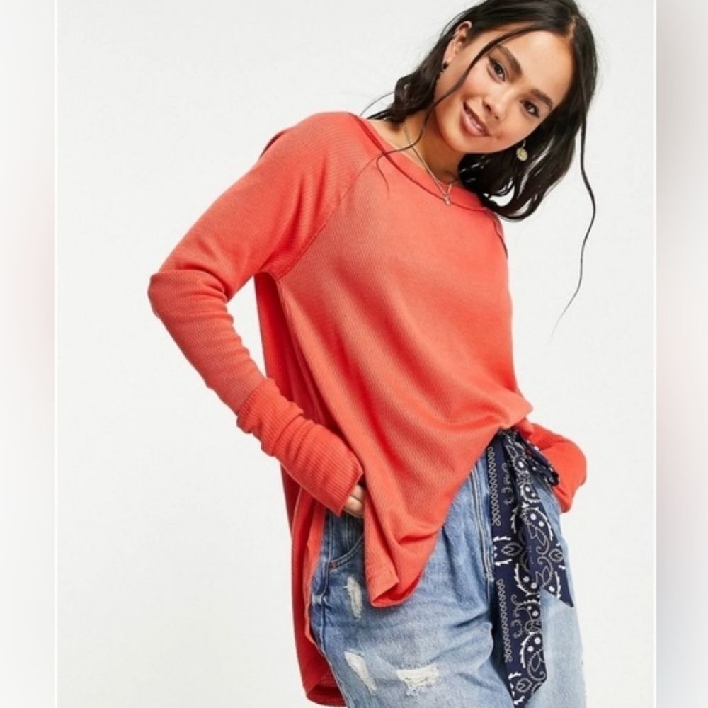 Free People We The Free Orange Thermal Top Oversized Slouchy Boho Hippie Cozy
